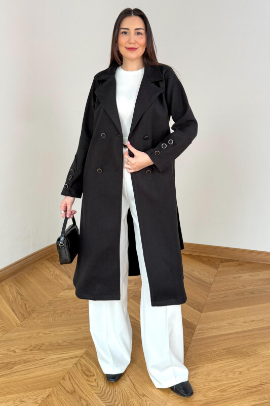 CKT-12486 Siyah Kruvaze Yaka Kuşaklı Premium Kaşe Kaban - 5