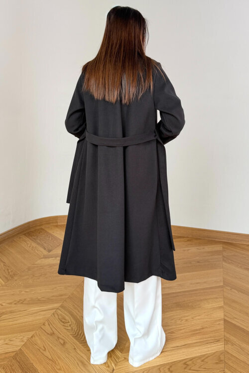 CKT-12486 Siyah Kruvaze Yaka Kuşaklı Premium Kaşe Kaban - 6