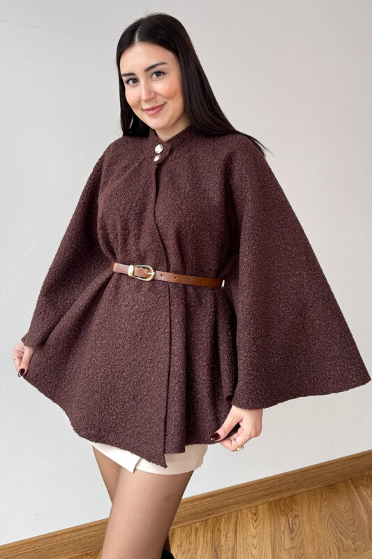 CKT-1506 Kahverengi Buklet Kumaş Gold Düğme Detaylı Kemerli Panço - 1