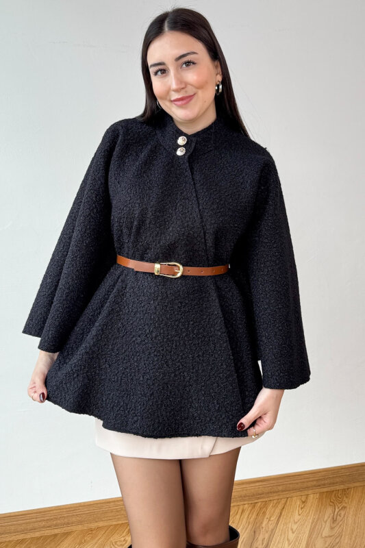 CKT-1506 Siyah Buklet Kumaş Gold Düğme Detaylı Kemerli Panço - 1