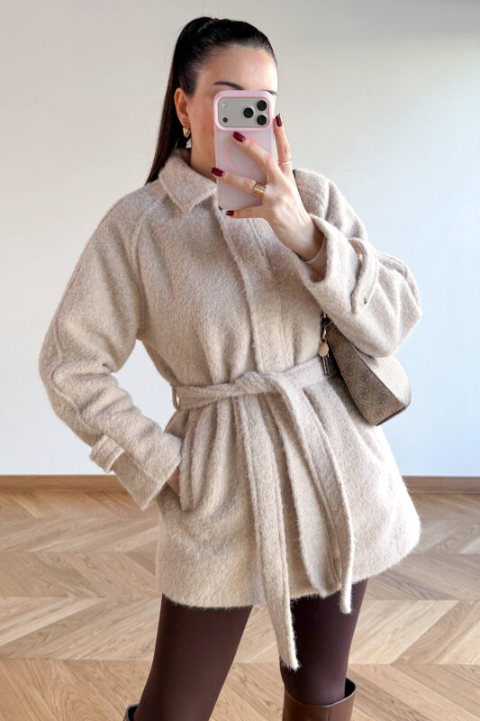 CKT-1742 Bej Kuşak Detaylı Dokulu Tasarım Kaban  - 4