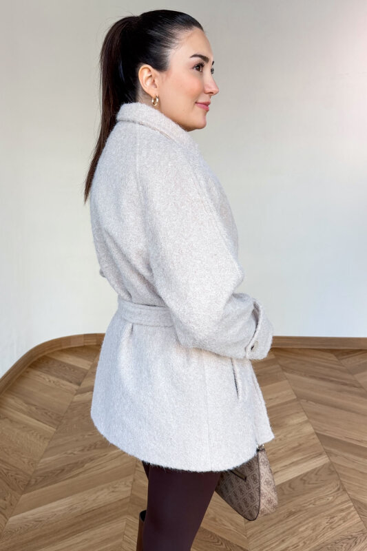 CKT-1742 Bej Kuşak Detaylı Dokulu Tasarım Kaban  - 3