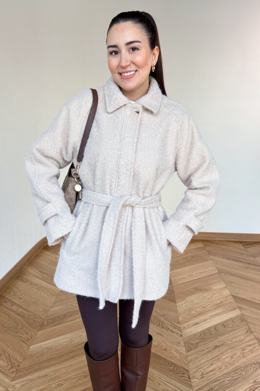 CKT-1742 Bej Kuşak Detaylı Dokulu Tasarım Kaban  - 5