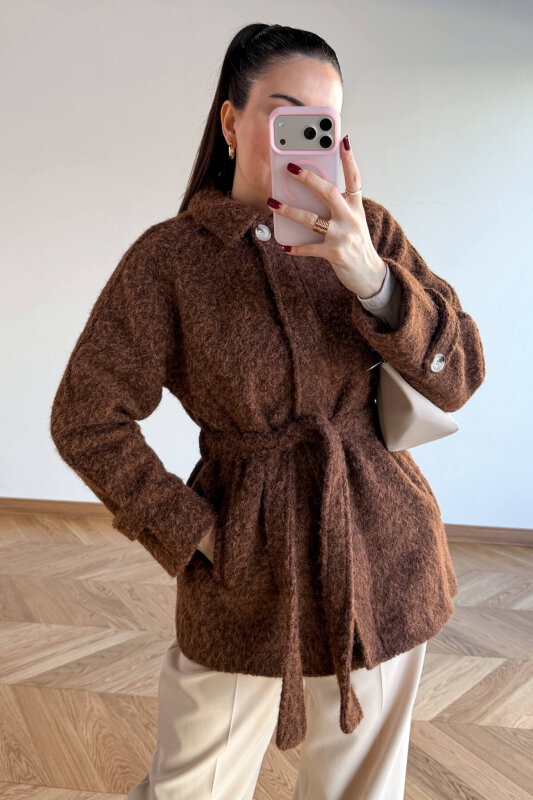 CKT-1742 Kahverengi Kuşak Detaylı Dokulu Tasarım Kaban - 1