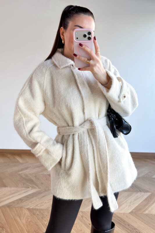 CKT-1742 Krem Kuşak Detaylı Dokulu Tasarım Kaban - 4