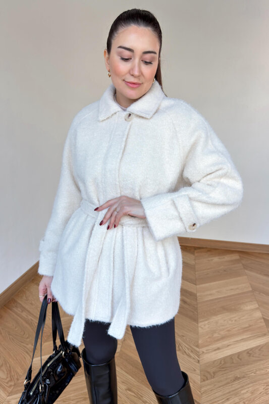 CKT-1742 Krem Kuşak Detaylı Dokulu Tasarım Kaban - 1