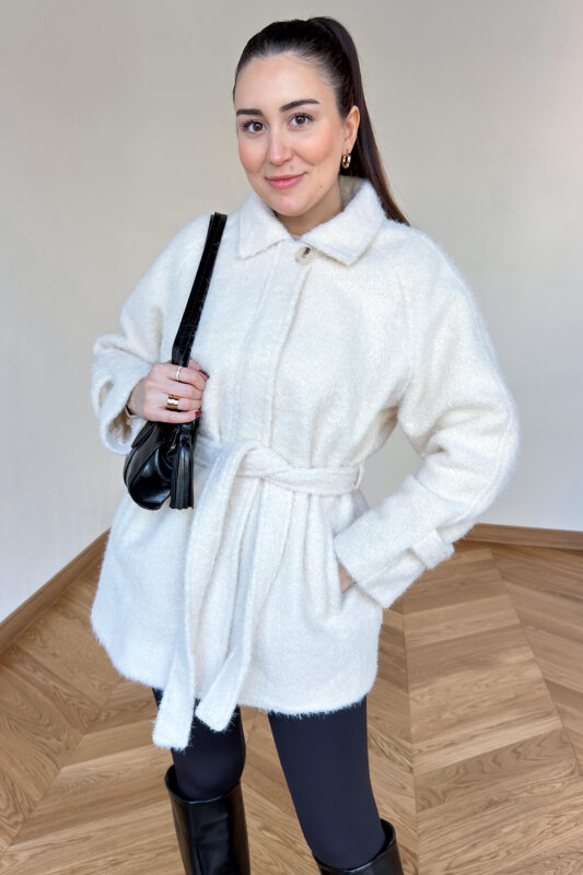 CKT-1742 Krem Kuşak Detaylı Dokulu Tasarım Kaban - 5