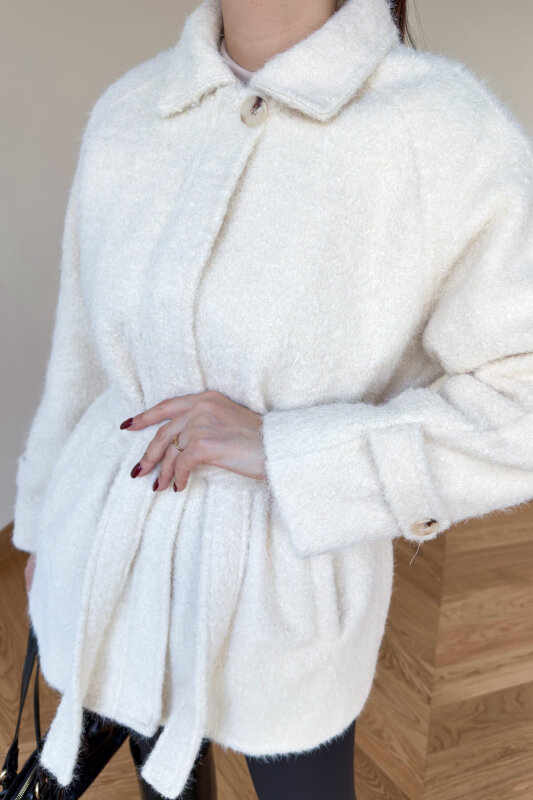 CKT-1742 Krem Kuşak Detaylı Dokulu Tasarım Kaban - 2