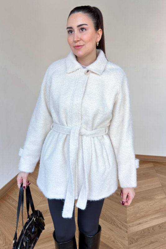 CKT-1742 Krem Kuşak Detaylı Dokulu Tasarım Kaban - 3