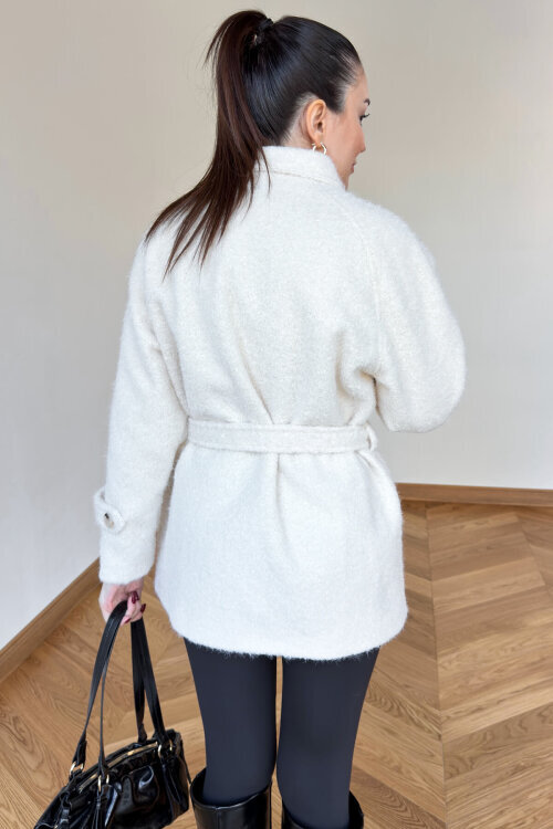 CKT-1742 Krem Kuşak Detaylı Dokulu Tasarım Kaban - 7