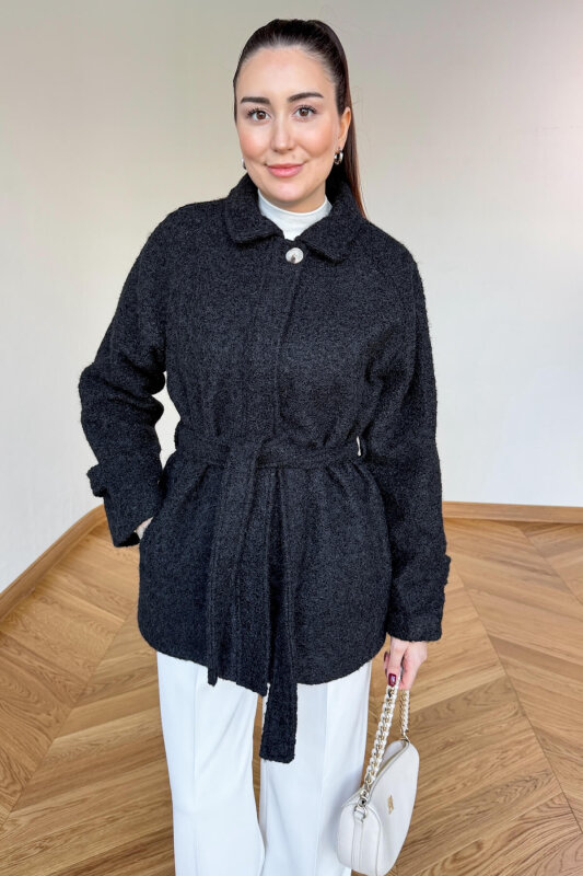 CKT-1742 Siyah Kuşak Detaylı Dokulu Tasarım Kaban - 3