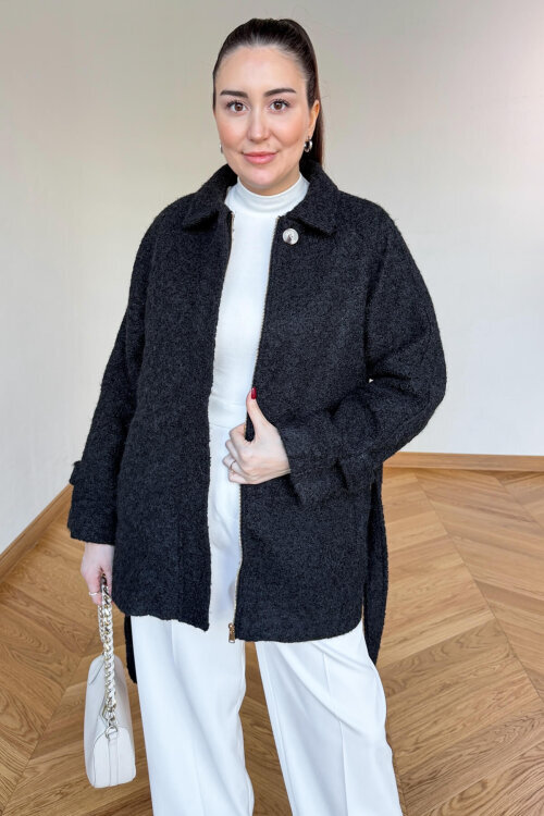 CKT-1742 Siyah Kuşak Detaylı Dokulu Tasarım Kaban (1)