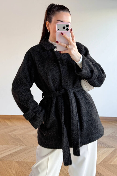 CKT-1742 Siyah Kuşak Detaylı Dokulu Tasarım Kaban - 4