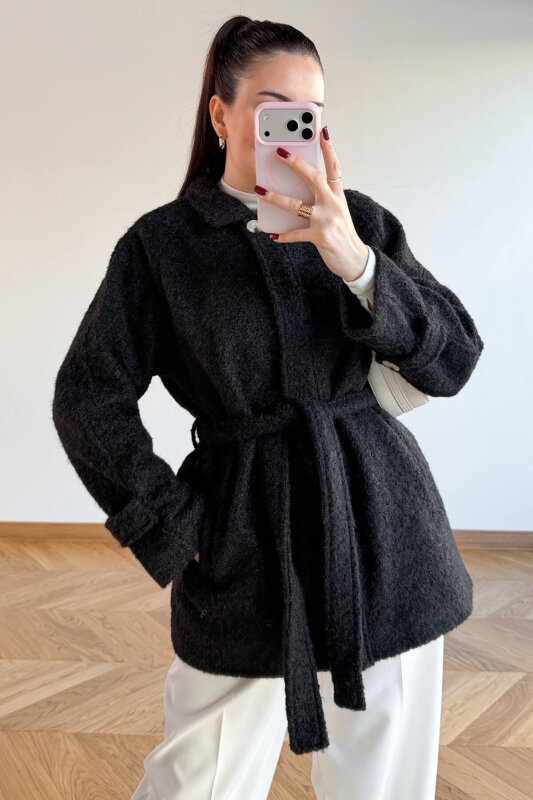 CKT-1742 Siyah Kuşak Detaylı Dokulu Tasarım Kaban - 4