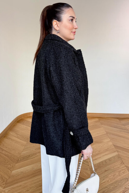 CKT-1742 Siyah Kuşak Detaylı Dokulu Tasarım Kaban - 5