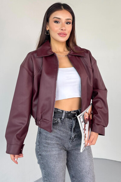 CKT-2016 Bordo Suni Deri Fermuarlı Bel Lastikli Cropped Model Ceket 