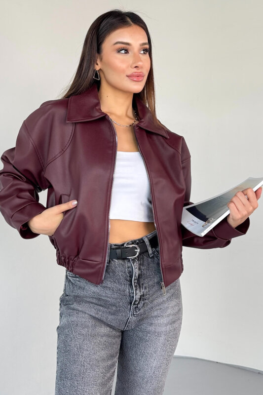 CKT-2016 Bordo Suni Deri Fermuarlı Bel Lastikli Cropped Model Ceket - 2