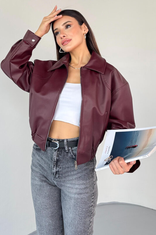 CKT-2016 Bordo Suni Deri Fermuarlı Bel Lastikli Cropped Model Ceket - 3