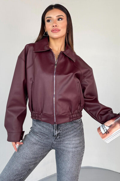 CKT-2016 Bordo Suni Deri Fermuarlı Bel Lastikli Cropped Model Ceket - 5