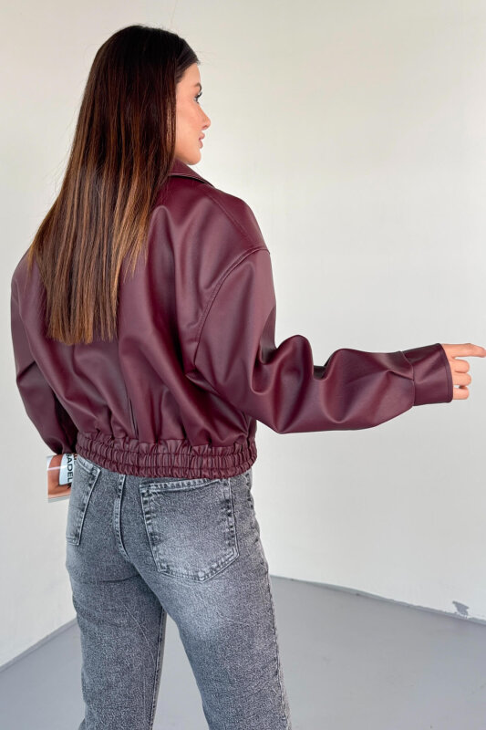 CKT-2016 Bordo Suni Deri Fermuarlı Bel Lastikli Cropped Model Ceket - 6