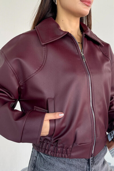 CKT-2016 Bordo Suni Deri Fermuarlı Bel Lastikli Cropped Model Ceket - 7