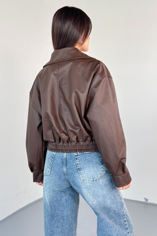 CKT-2016 Kahverengi Suni Deri Fermuarlı Bel Lastikli Cropped Model Ceket - 3