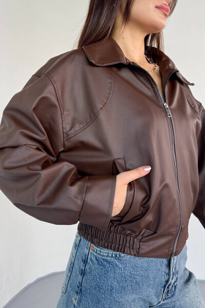 CKT-2016 Kahverengi Suni Deri Fermuarlı Bel Lastikli Cropped Model Ceket - 4