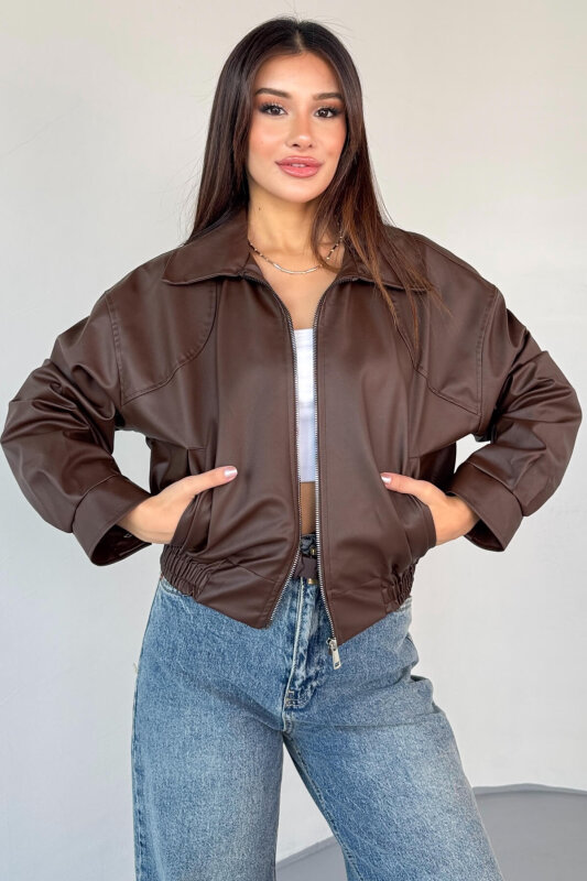 CKT-2016 Kahverengi Suni Deri Fermuarlı Bel Lastikli Cropped Model Ceket - 5