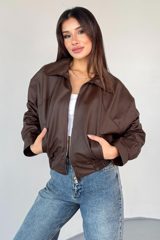 CKT-2016 Kahverengi Suni Deri Fermuarlı Bel Lastikli Cropped Model Ceket - 6