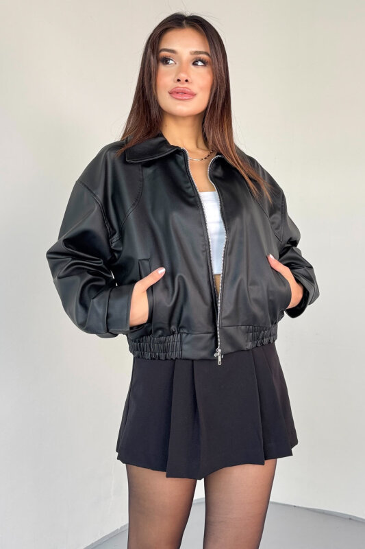 CKT-2016 Siyah Suni Deri Fermuarlı Bel Lastikli Cropped Model Ceket - 2