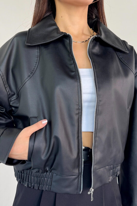 CKT-2016 Siyah Suni Deri Fermuarlı Bel Lastikli Cropped Model Ceket - 3
