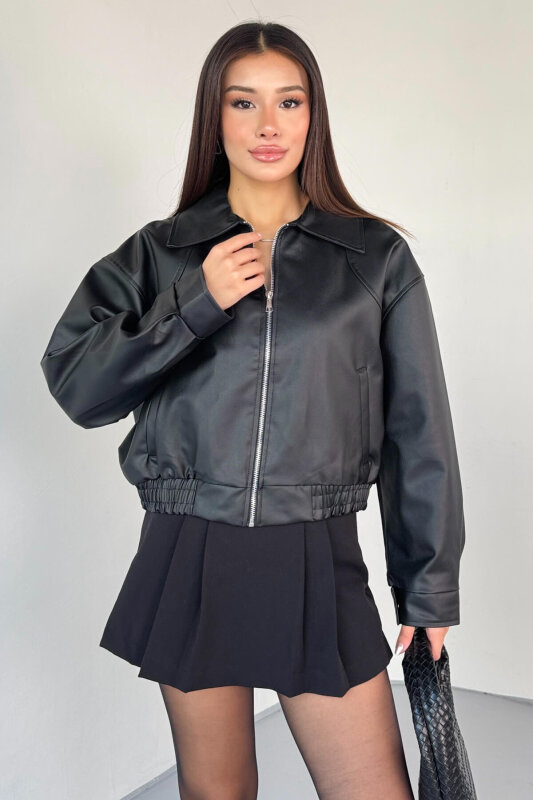 CKT-2016 Siyah Suni Deri Fermuarlı Bel Lastikli Cropped Model Ceket - 4