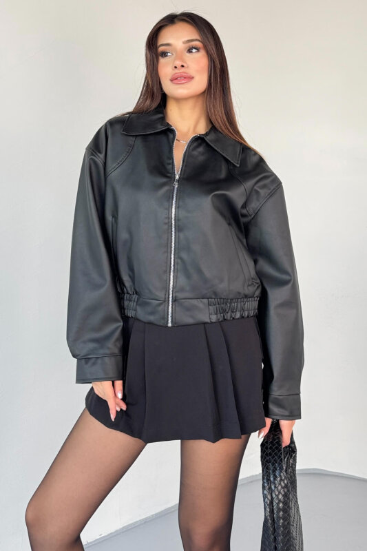 CKT-2016 Siyah Suni Deri Fermuarlı Bel Lastikli Cropped Model Ceket - 5