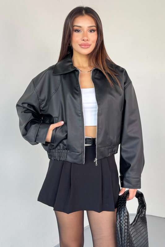 CKT-2016 Siyah Suni Deri Fermuarlı Bel Lastikli Cropped Model Ceket - 8