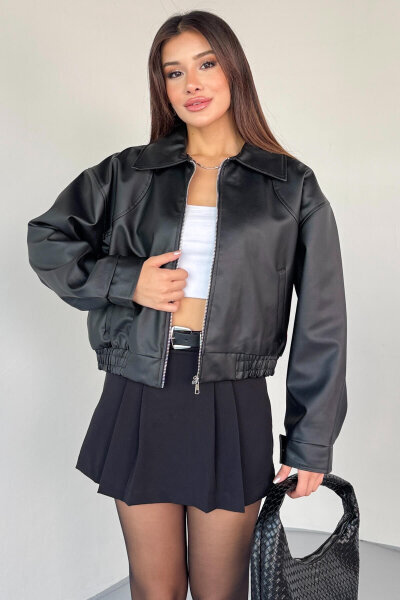 CKT-2016 Siyah Suni Deri Fermuarlı Bel Lastikli Cropped Model Ceket - 9