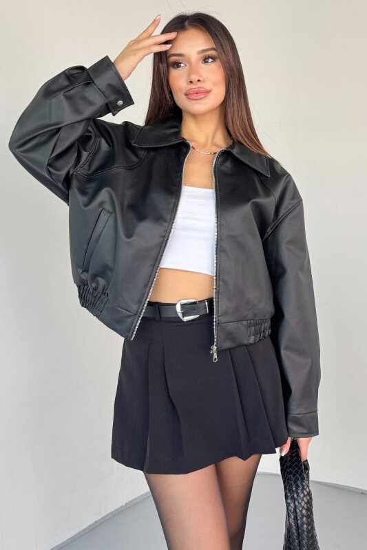 CKT-2016 Siyah Suni Deri Fermuarlı Bel Lastikli Cropped Model Ceket - 1