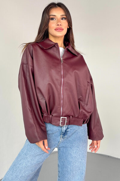 CKT-2017 Bordo Suni Deri Kemerli Astarlı Oversize Ceket - 4