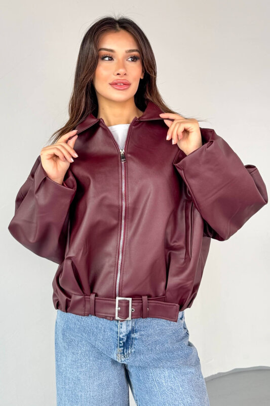 CKT-2017 Bordo Suni Deri Kemerli Astarlı Oversize Ceket - 2