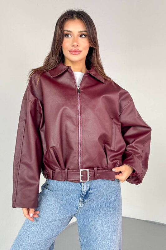 CKT-2017 Bordo Suni Deri Kemerli Astarlı Oversize Ceket - 5