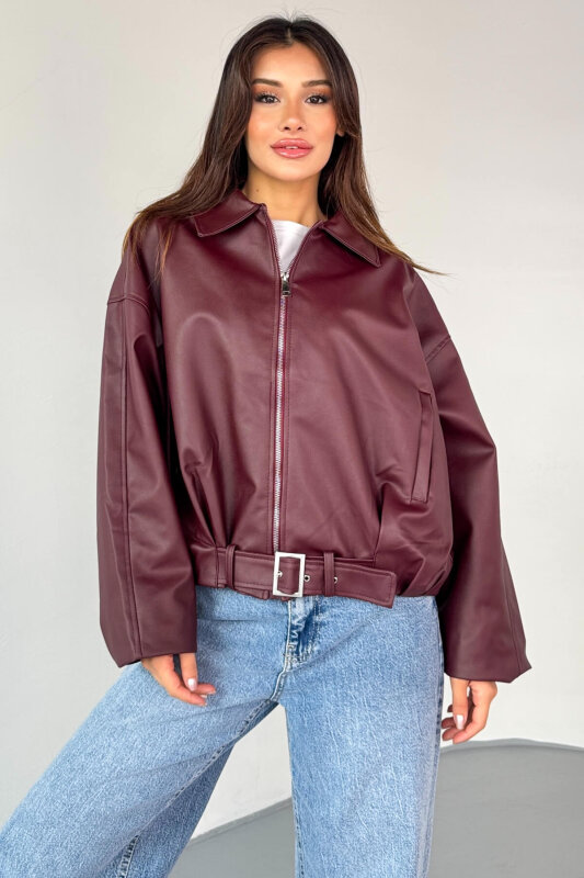CKT-2017 Bordo Suni Deri Kemerli Astarlı Oversize Ceket - 6