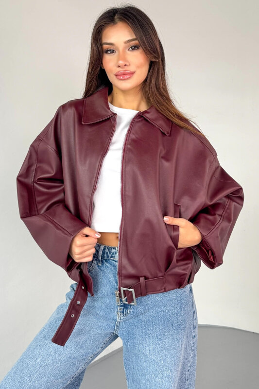 CKT-2017 Bordo Suni Deri Kemerli Astarlı Oversize Ceket - 1