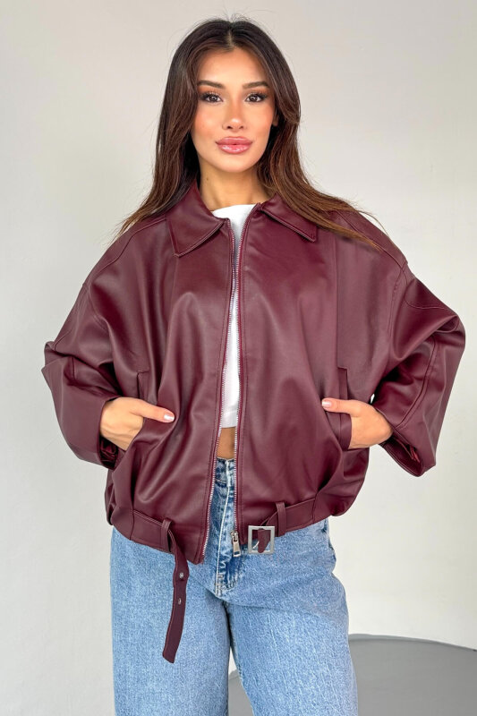 CKT-2017 Bordo Suni Deri Kemerli Astarlı Oversize Ceket - 7