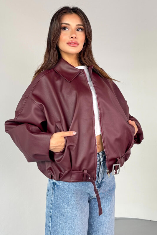CKT-2017 Bordo Suni Deri Kemerli Astarlı Oversize Ceket - 8