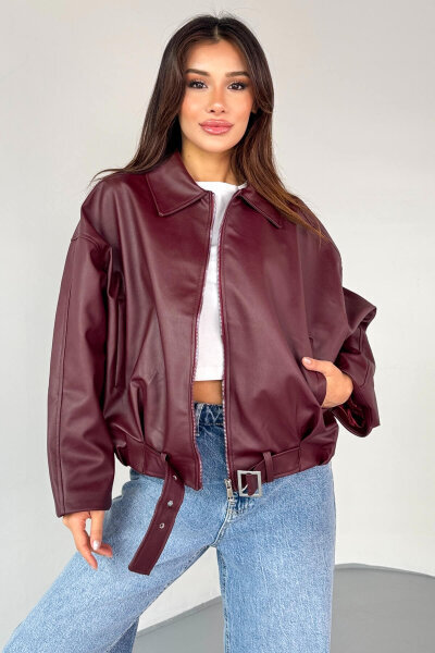 CKT-2017 Bordo Suni Deri Kemerli Astarlı Oversize Ceket - 9