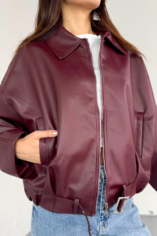 CKT-2017 Bordo Suni Deri Kemerli Astarlı Oversize Ceket - 10
