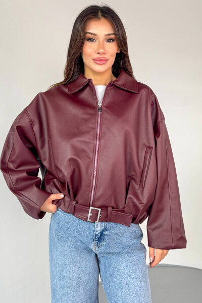 CKT-2017 Bordo Suni Deri Kemerli Astarlı Oversize Ceket - 11