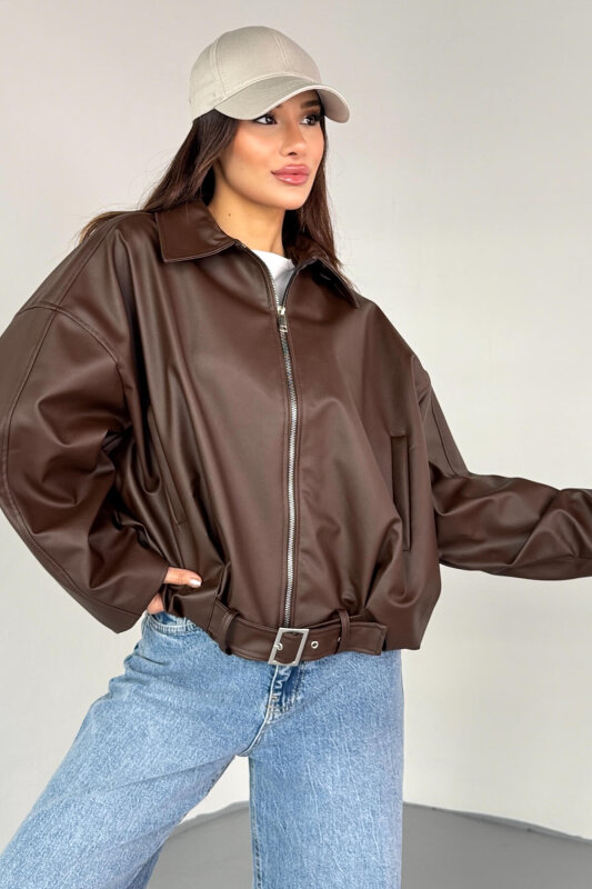 CKT-2017 Kahverengi Suni Deri Kemerli Astarlı Oversize Ceket - 4