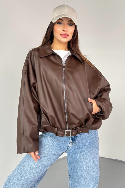CKT-2017 Kahverengi Suni Deri Kemerli Astarlı Oversize Ceket - 5