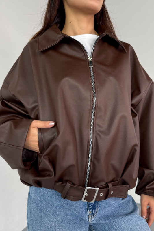 CKT-2017 Kahverengi Suni Deri Kemerli Astarlı Oversize Ceket - 7