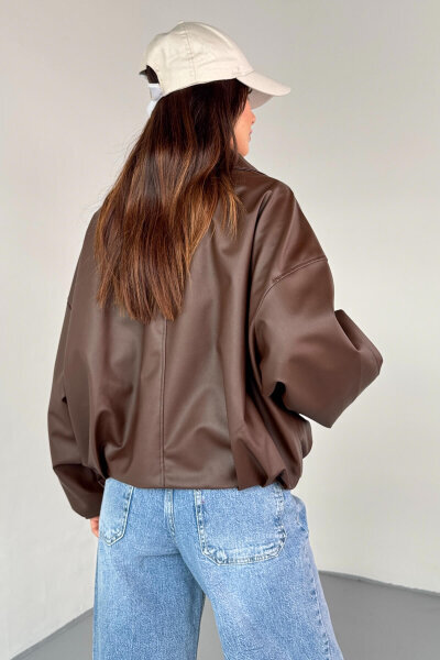 CKT-2017 Kahverengi Suni Deri Kemerli Astarlı Oversize Ceket - 8